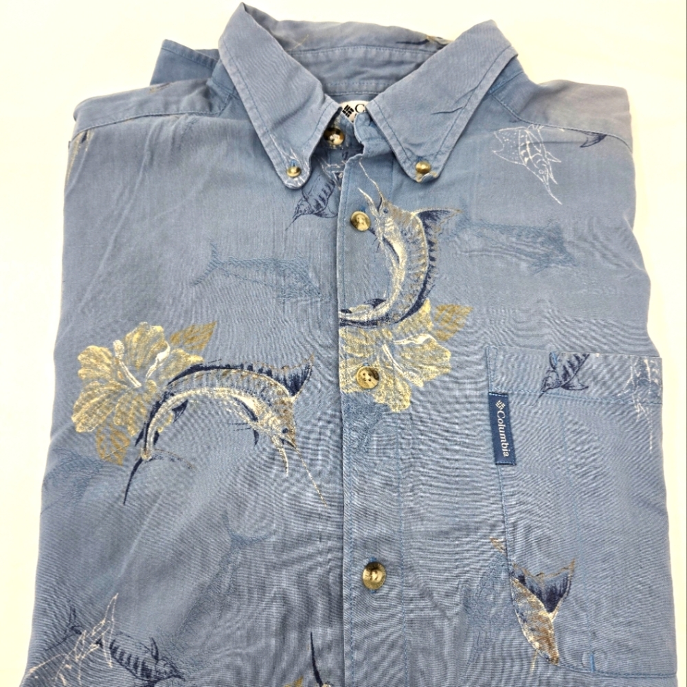 Columbia Sportswear Co Mens XL Blue Marlin Fish Print Button Up Short Sleeve